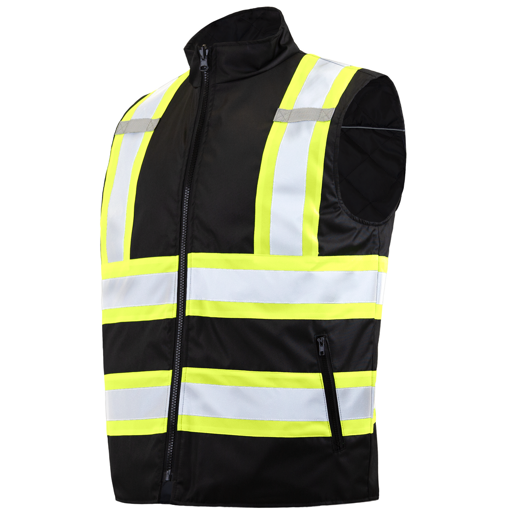 Hi-Vis Yellow/Black Reversible Insulated Safety Vest with Reflective Strips