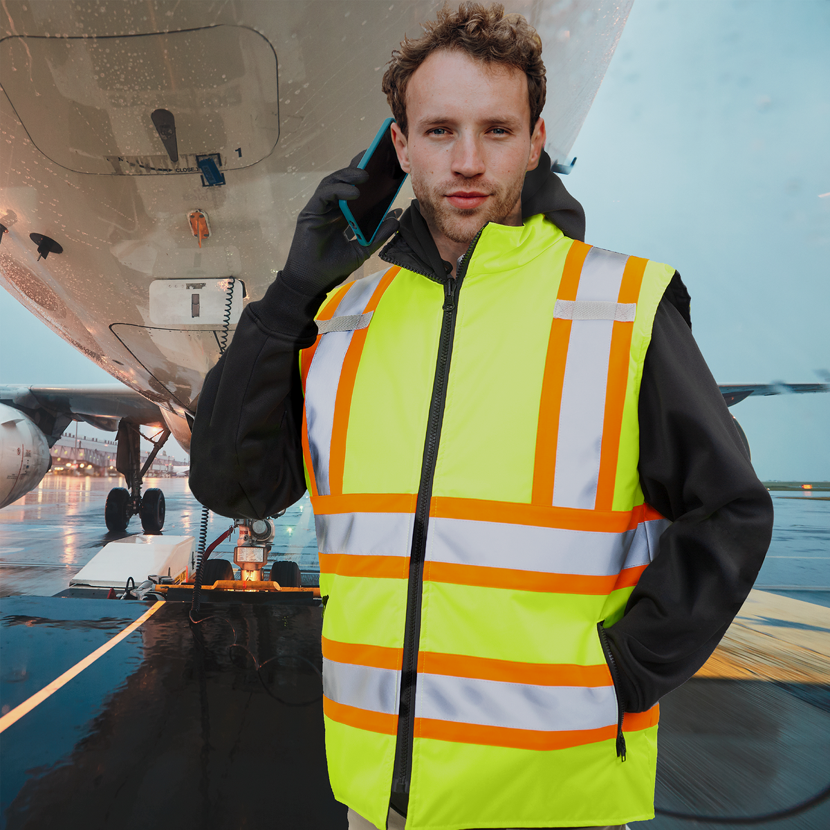 Hi-Vis Yellow/Black Reversible Insulated Safety Vest with Reflective Strips