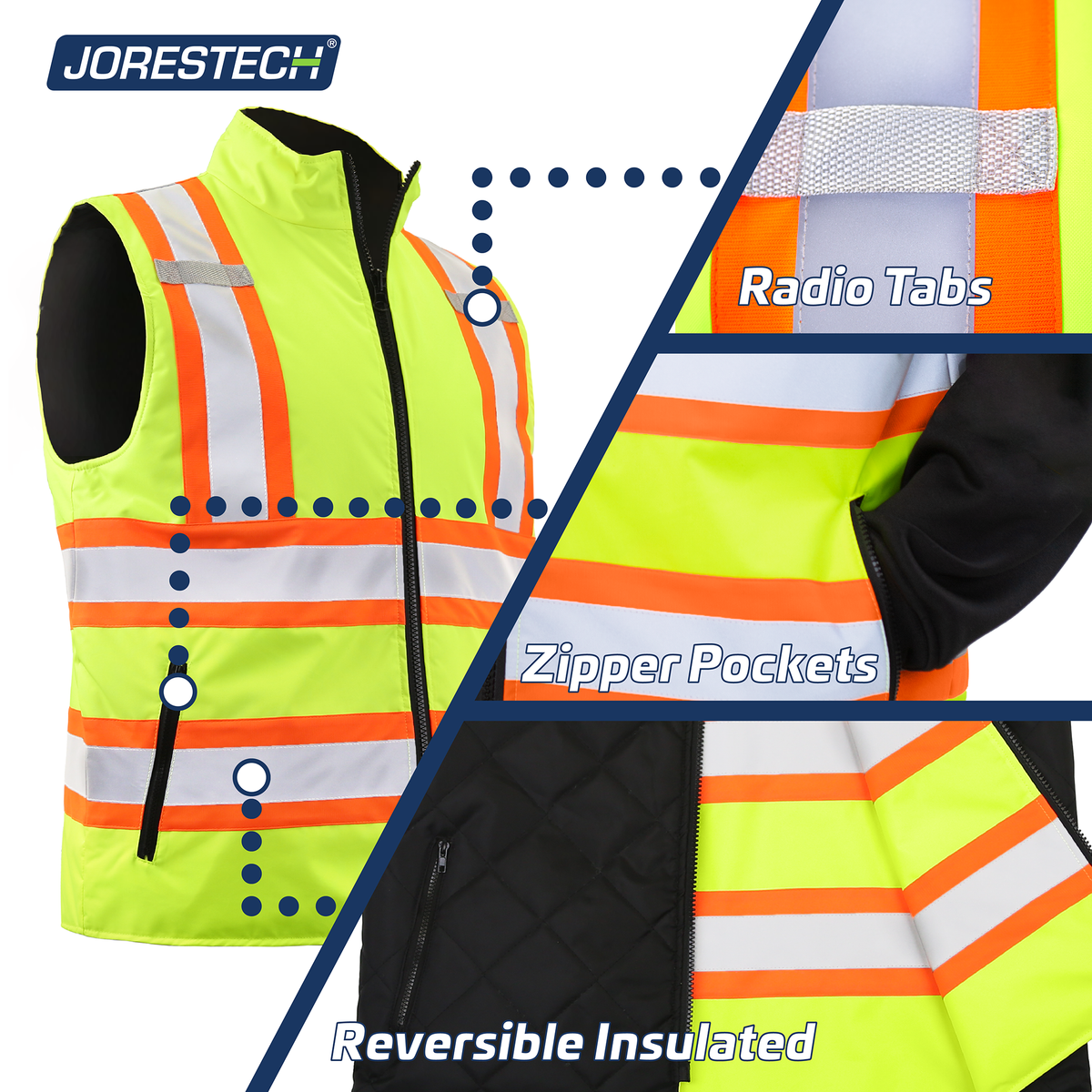 Hi-Vis Yellow/Black Reversible Insulated Safety Vest with Reflective Strips