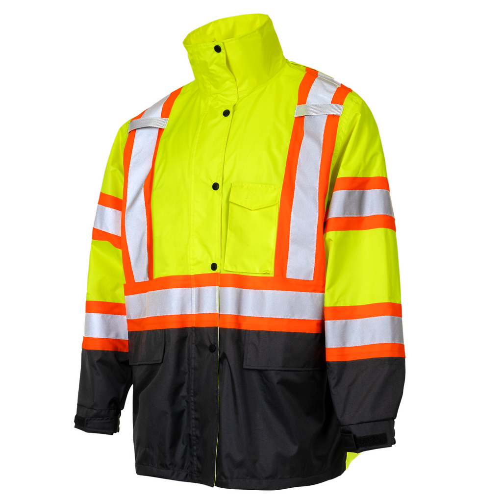 Hi Vis Two Tone Safety Rain Jacket With X Reflective Stripes