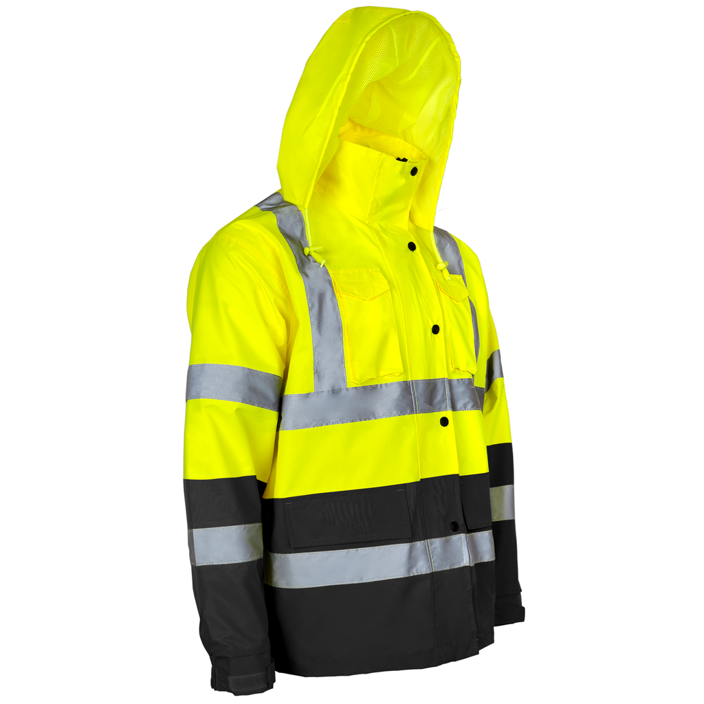 Hi-Vis Yellow/Black Rain Jacket with 2" Reflective Strips