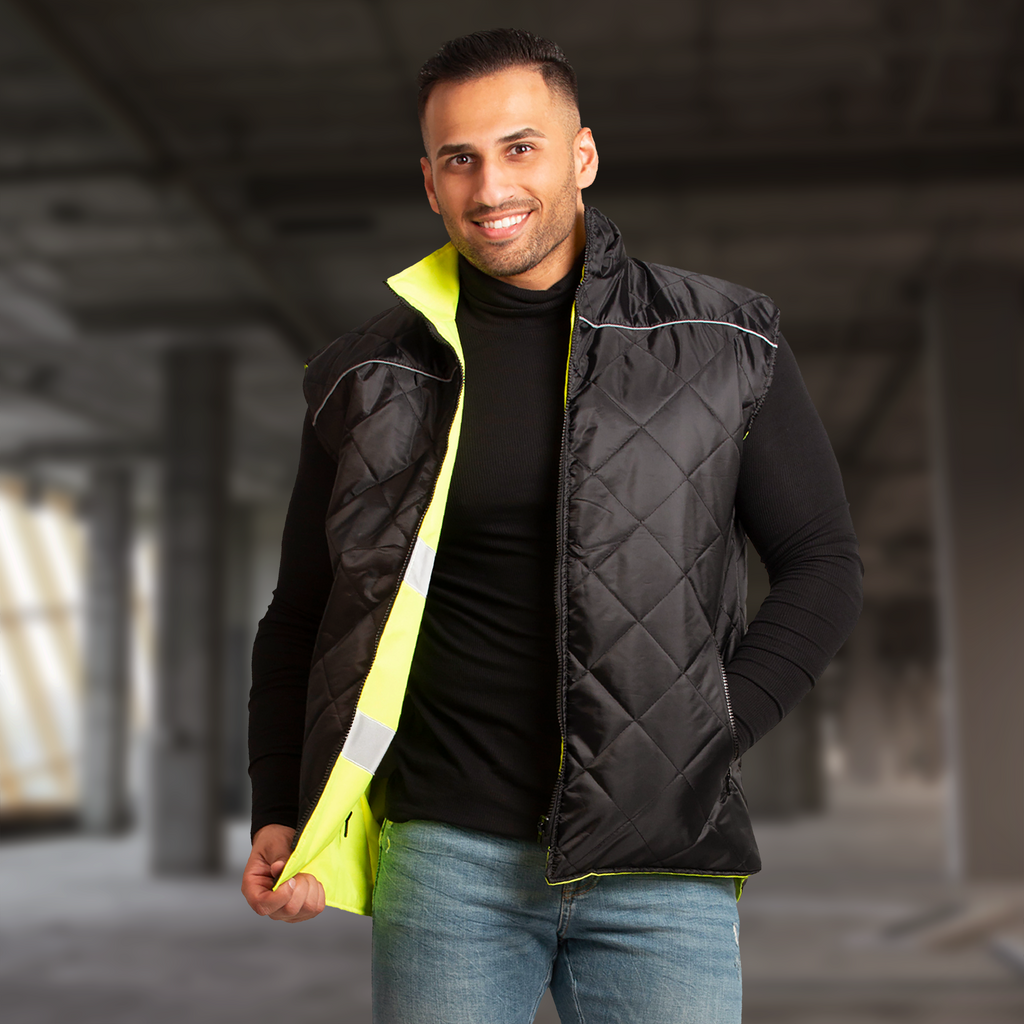 Hi-Vis Yellow/Black Reversible Insulated Safety Vest with Reflective Strips